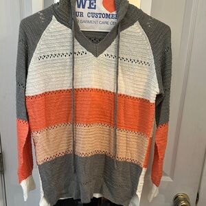 Striped Gray, White, and Orange Knit Hoodie